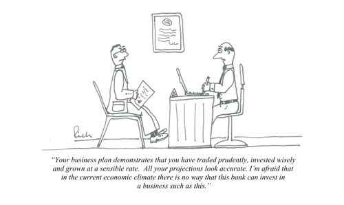 'Your business plan demonstrates that you have traded prudently, invested wisely and grown at a sensible rate.  All your projections look accurate. I'm afraid that in the current economic climate there is no way that this bank can invest...'
