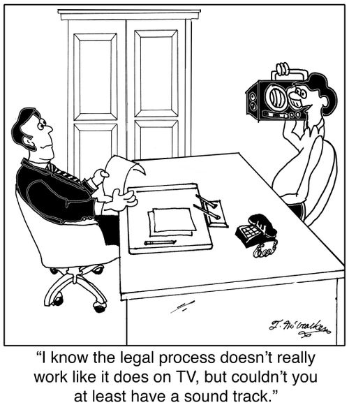 'I know the legal process doesn't really work like it does on TV, but couldn't you at least have a sound track.'