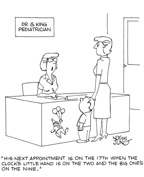 'His next appointment is on the 17th when the clock's little hand is on the two and the big one's on the nine.'