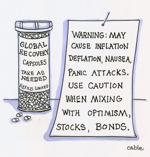 Bottle of pills labelled 'Global Recovery Capsules,' with 'Warning: May cause inflation, deflation, nausea, panic attacks. Use caution when mixing with optimism, stocks, bonds.'