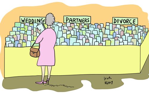 A greeting card stand includes a 'divorce' section.