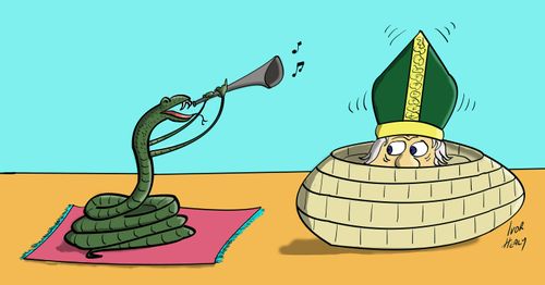 A snake attempts to charm St. Patrick out of his basket.