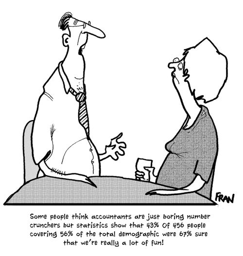 "Some people think accountants are just boring number crunchers but statistics show that 43% of 456 people covering 56% of the total demographic were 67% sure that we're really a lot of fun!"