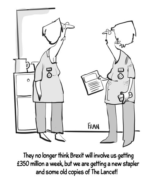 "They no longer think Brexit will involve us getting £350 million a week, but we are getting a new stapler and some old copies of The Lancet!"