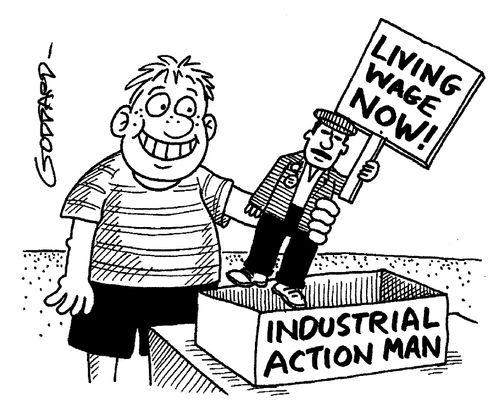 Industrial action man holding sign: 'Living wage now!'