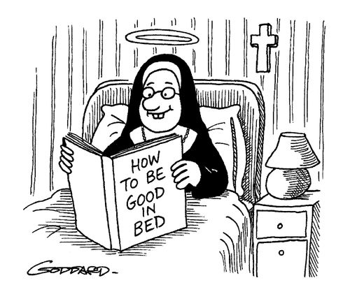 Nun reading book entitled: 'How to be good in bed.'