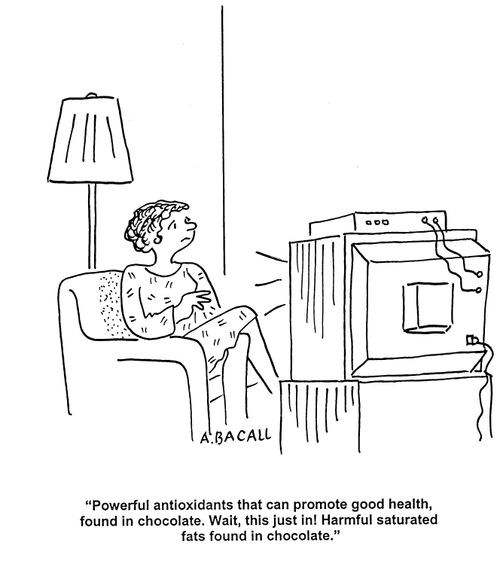 'Powerful antioxidants that can promote good health, found in chocolate.  Wait, this just in!  Harmful saturated fats found in chocolate.'