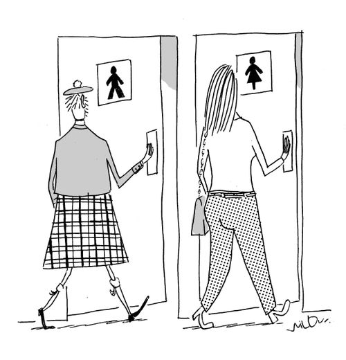 Man going into men's room in kilt, woman going into women's room in trousers.