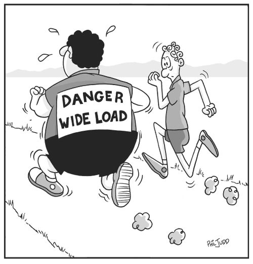 Two men are jogging. One is noticing 'Danger Wide Load' sign on back of other.