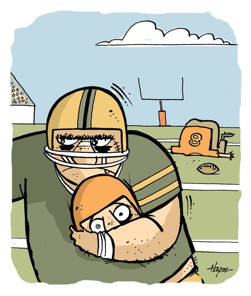 Football player has head instead of ball.