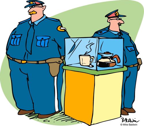 Security guards guarding a pot and cup of coffee on display.