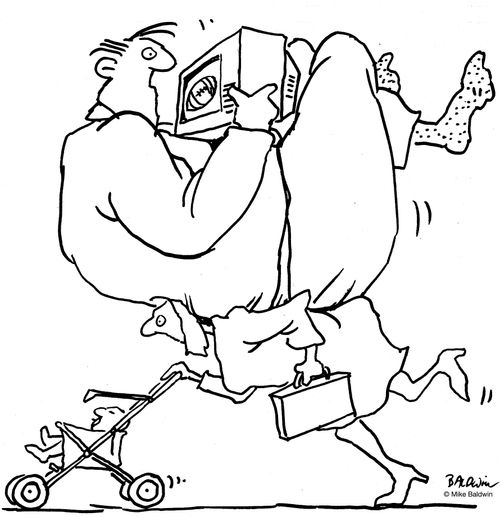 Man being carried by his wife who is also pushing the baby.