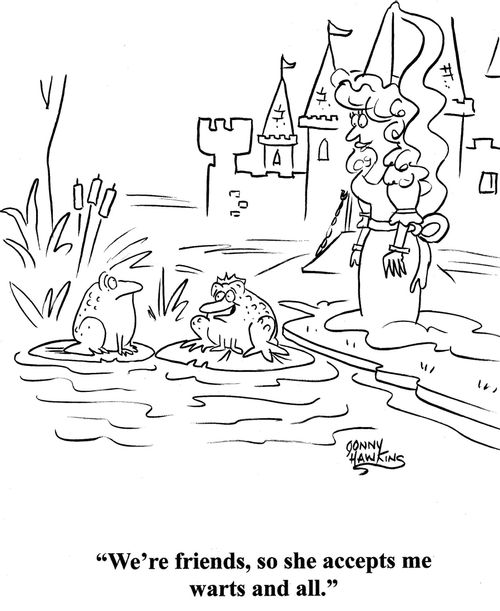 Prince frog to frog about princess: 'We're friends, so she accepts me warts and all.'