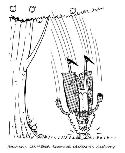 Newton's Clumsier Brother Discovers Gravity.