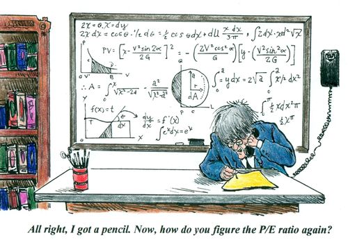 'All right, I got a pencil. Now, how do you figure the P/E ratio again?'