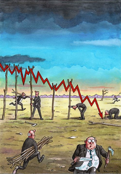 Businessmen trying to prop up a line-chart with sticks