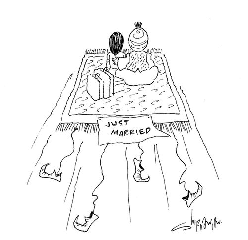 Newly married couple on a magic carpet.