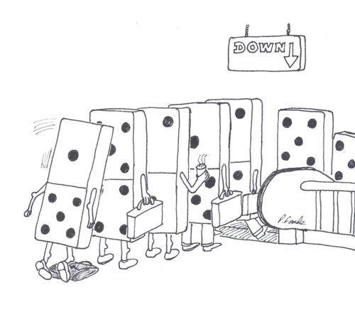 Domino trips in line for an escalator