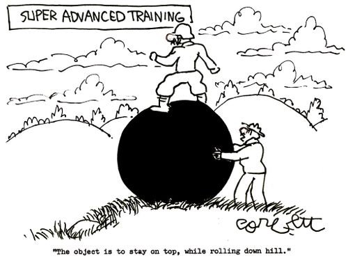 Super advanced training: 'The object is to stay on top, while rolling down hill.'