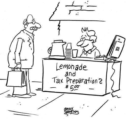 Man sees boy selling lemonade and preparing taxes.