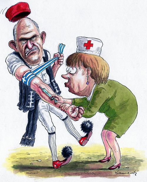 Angela Merkel giving George Papandreou an injection