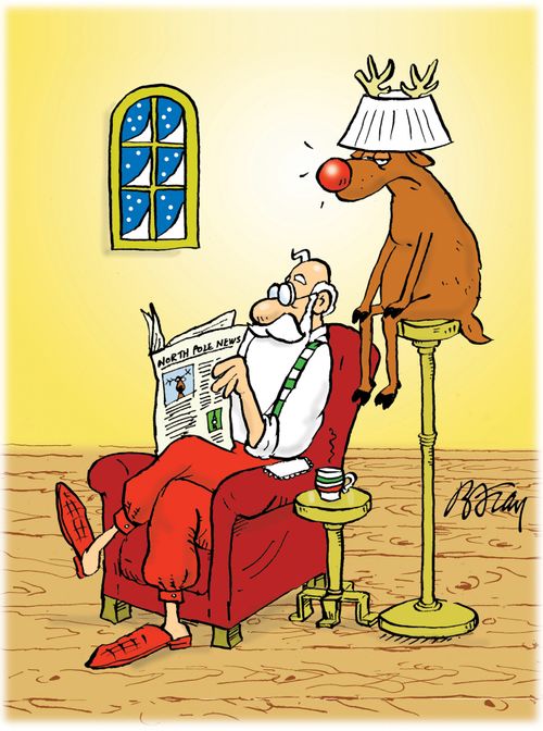 Santa reading newspaper by the light of Rudolph's nose