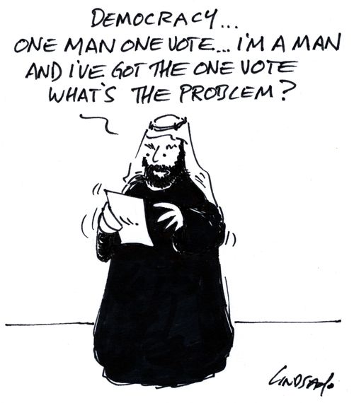 'Democracy... one man one vote... I'm a man and I've got the one vote what's the problem?'