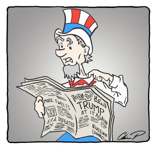 Uncle Sam gets embarrassed as he reads a newspaper with Trump's accomplishments in it.