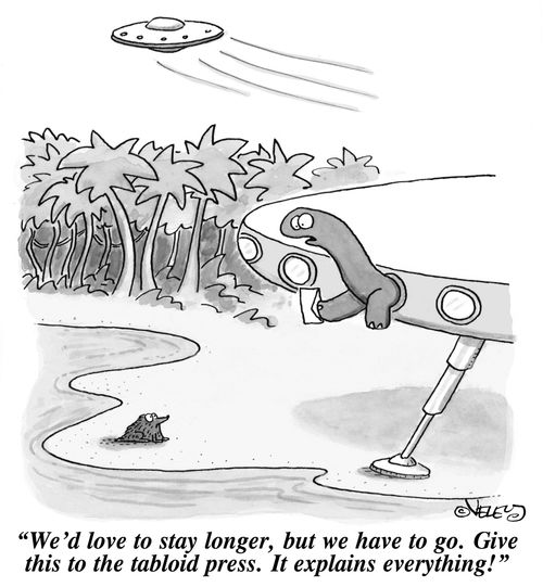 "We'd love to stay longer, but we have to go. Give this to the tabloid press. It explains everything!"
