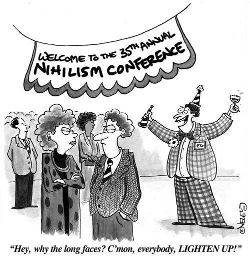 "Hey, why the long faces? C'mon, everybody, LIGHTEN UP!"