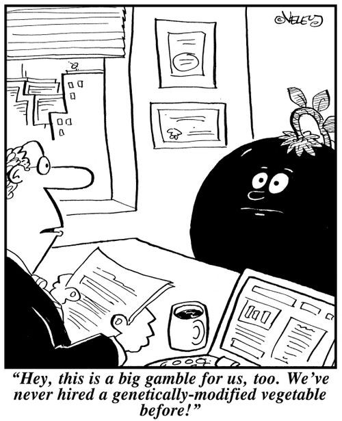 "Hey, this is a big gamble for us, too. We've never hired a genetically-modified vegetable before!"