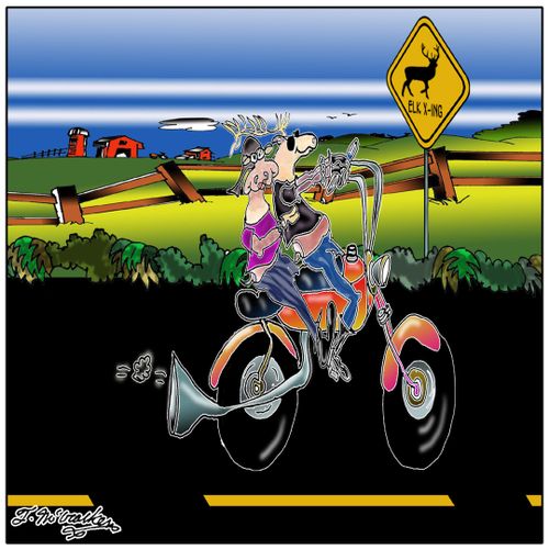 Elks on a motorcycle at an Elk Crossing sign.