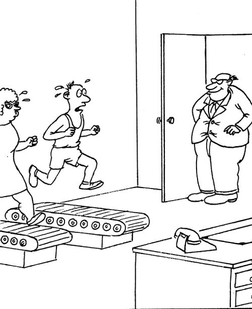 Boss has workers on running machines.