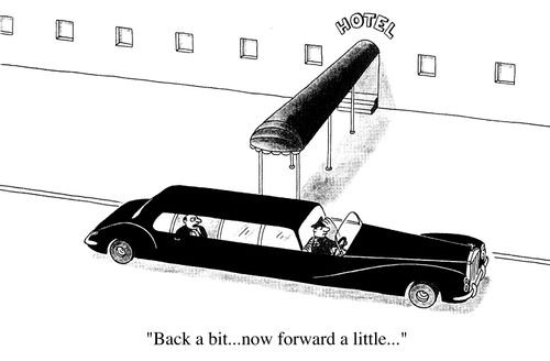 Limousine outside hotel, "Back a bit...now forward a bit"