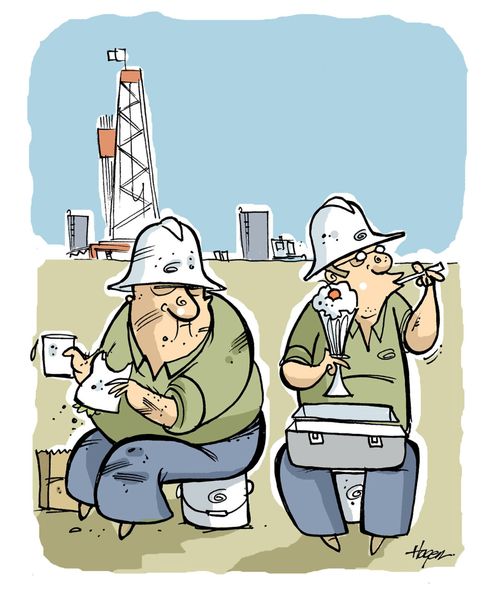 Oilfield worker eating fancy sundae from lunchbox.