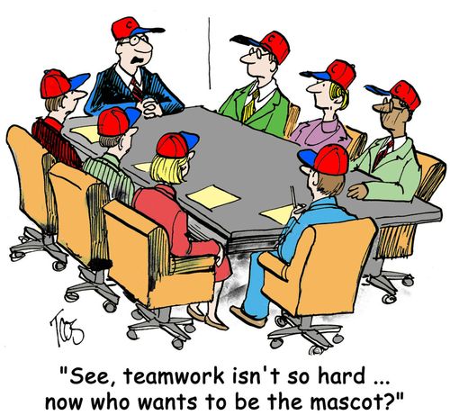 'See, teamwork isn't so hard ... now who wants to be the mascot?'