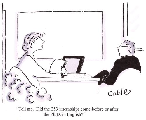 'Tell me.  Did the 253 internships come before or after the Ph.D in English?'