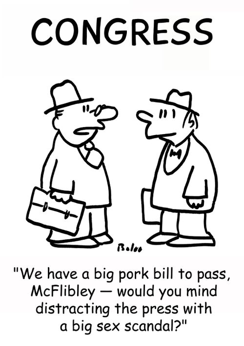CONGRESS, 'We have a big pork bill to pass, McFlibley -- would you mind distracting the press with a big sex scandal?'