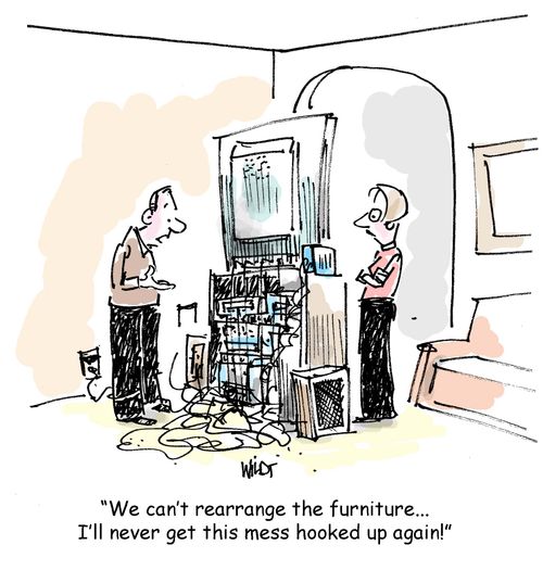 'We can't rearrange the furniture...I'll never get this mess hooked up again!'