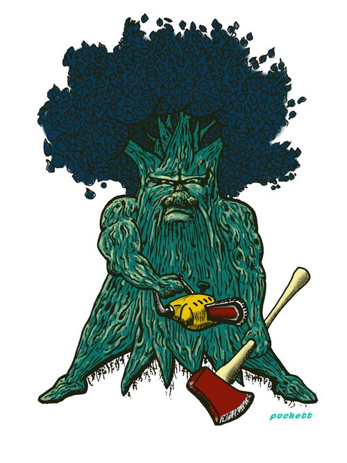 A Formidable tree stands with chain saw and axe in hand.
