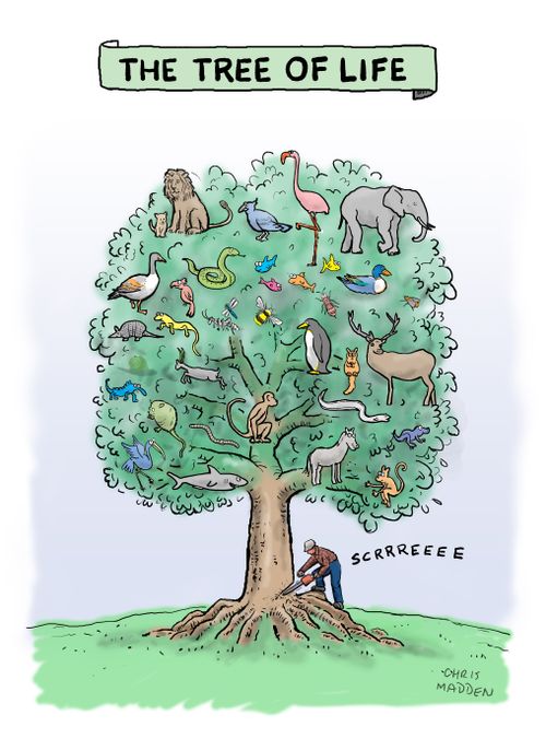 The Tree of Life being chopped down by a man with a chainsaw.
