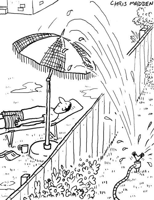 Garden sprinkler spraying neighbour's garden. Parasol doubling as umbrella
