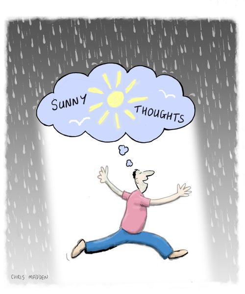 A person thinking happy thoughts that insulate him from the gloom around him