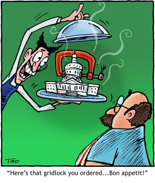 Waiter holding platter with Capital building in a vise.