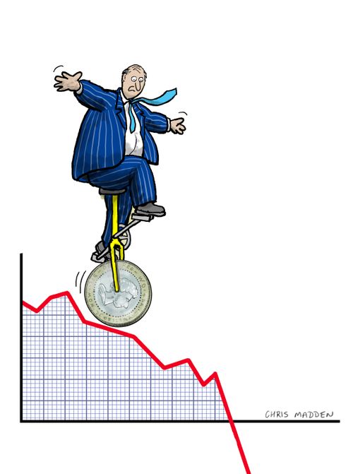 A businessman balancing on a unicycle that has a coin as a wheel, on the line of a graph of falling financial performance.