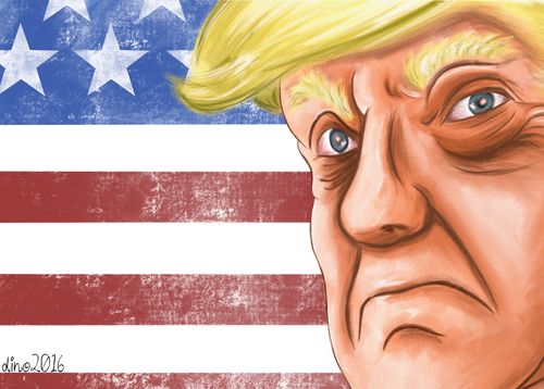 Donald Trump close up in front of an American flag