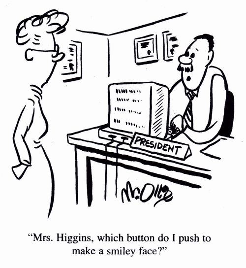 "Mrs. HIggins, which button do I push to make a smiley face?"