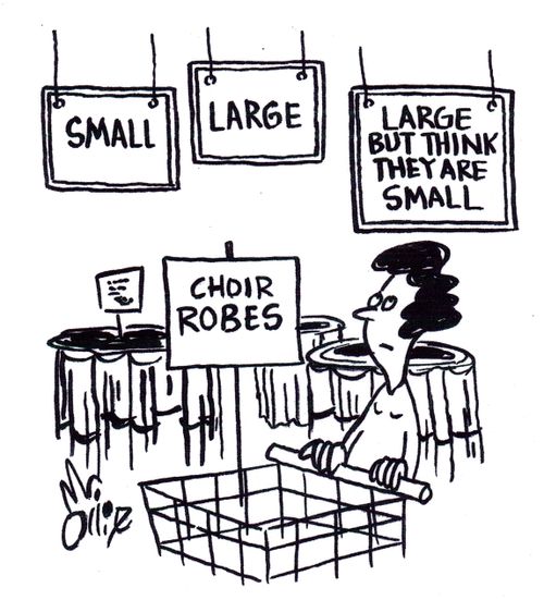 A woman shops for choir robes in sizes 'small' 'large' and 'large but think they are small'.