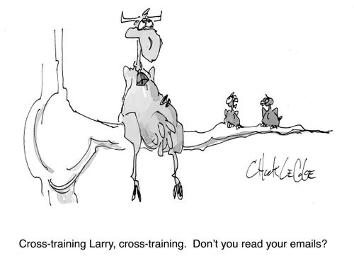 "Cross-training Larry, cross-training. Don't you read your emails?"