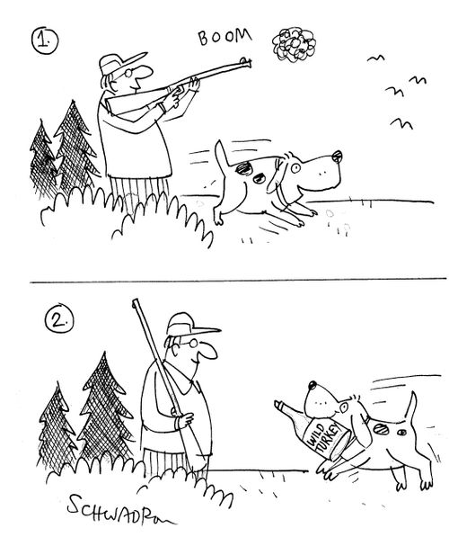 Hunting Dog brings back bottle of wild turkey.